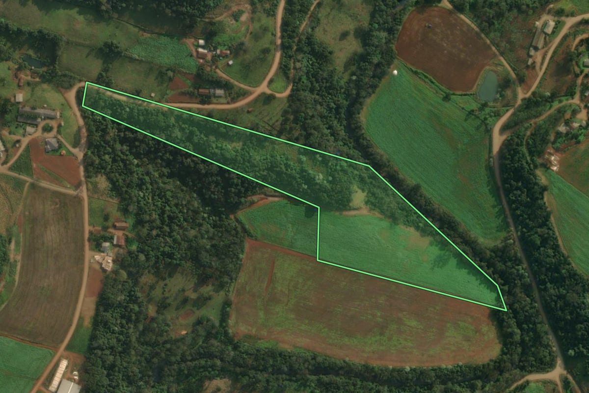 Imagem de satélite do imóvel rural em São João do Oeste (SC), com o contorno declarado no CAR desenhado por cima.