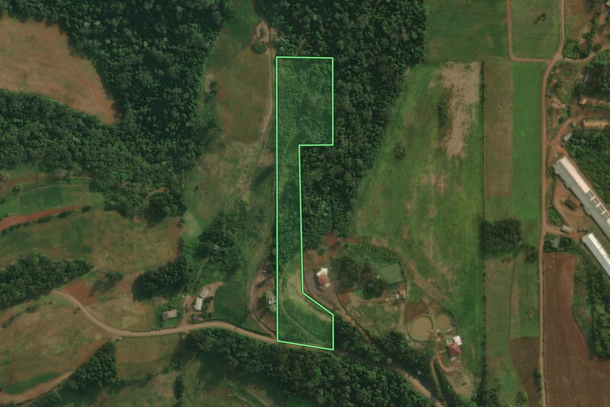 Imagem de satélite do imóvel rural em São João do Oeste (SC), com o contorno declarado no CAR desenhado por cima.