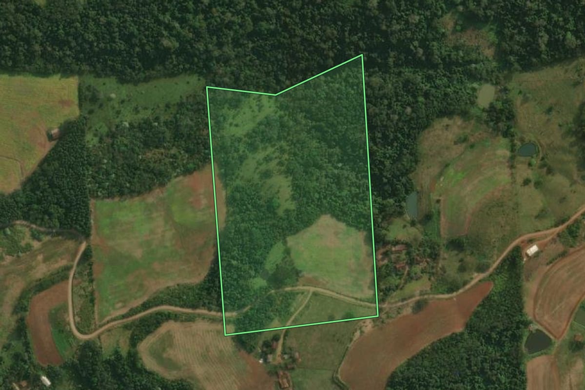 Imagem de satélite do imóvel rural em São João do Oeste (SC), com o contorno declarado no CAR desenhado por cima.