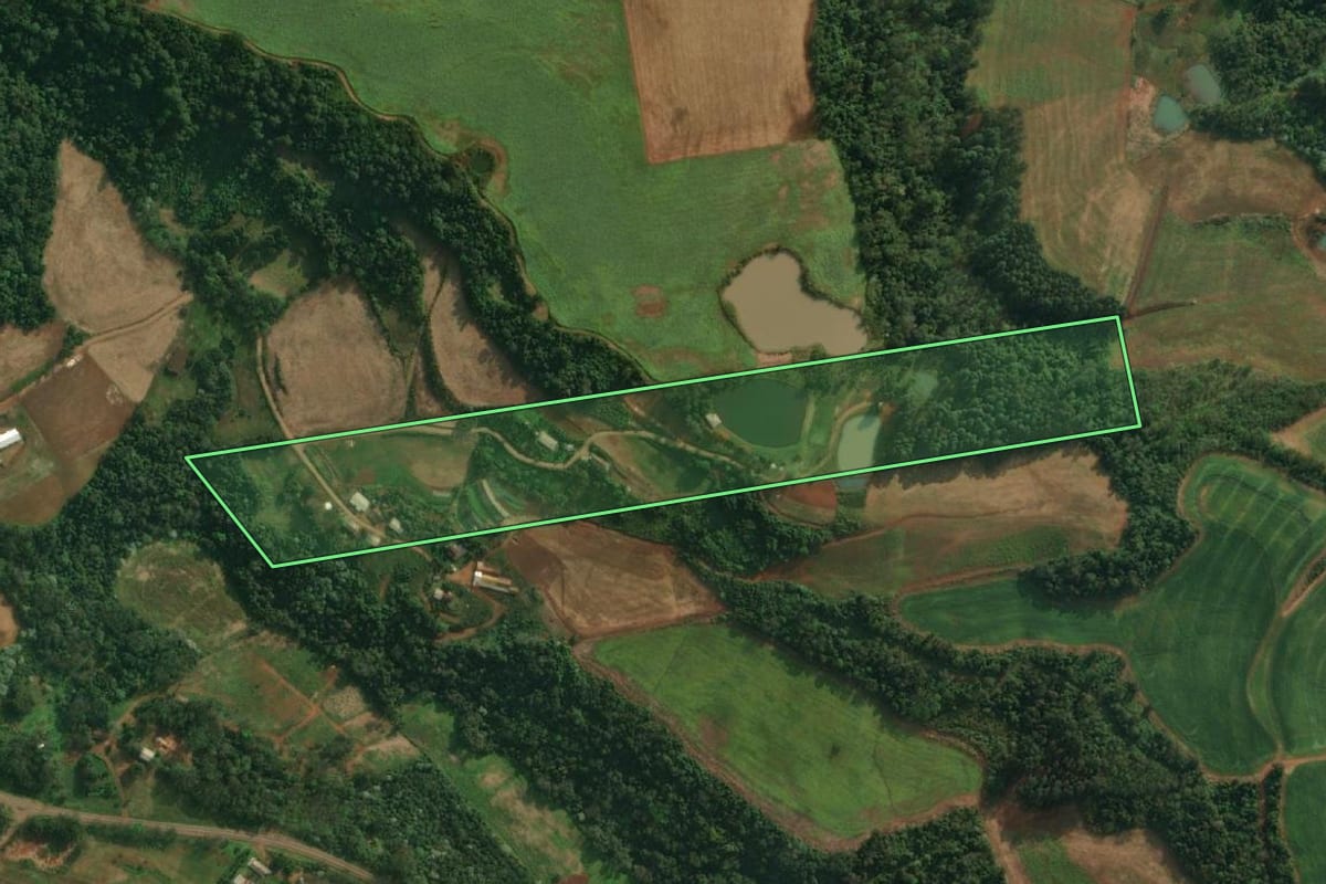 Imagem de satélite do imóvel rural em São João do Oeste (SC), com o contorno declarado no CAR desenhado por cima.
