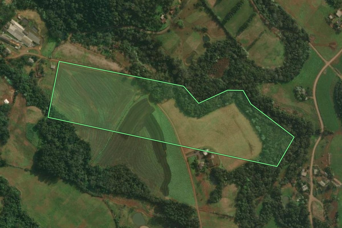Imagem de satélite do imóvel rural em São João do Oeste (SC), com o contorno declarado no CAR desenhado por cima.