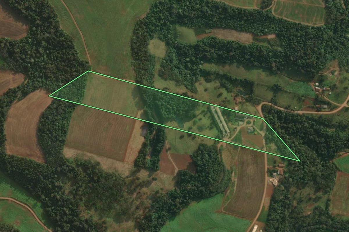 Imagem de satélite do imóvel rural em São João do Oeste (SC), com o contorno declarado no CAR desenhado por cima.