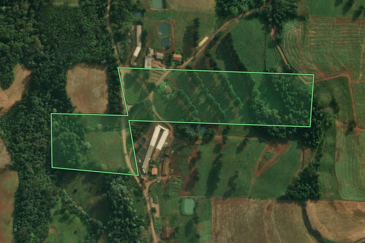Imagem de satélite do imóvel rural em São João do Oeste (SC), com o contorno declarado no CAR desenhado por cima.