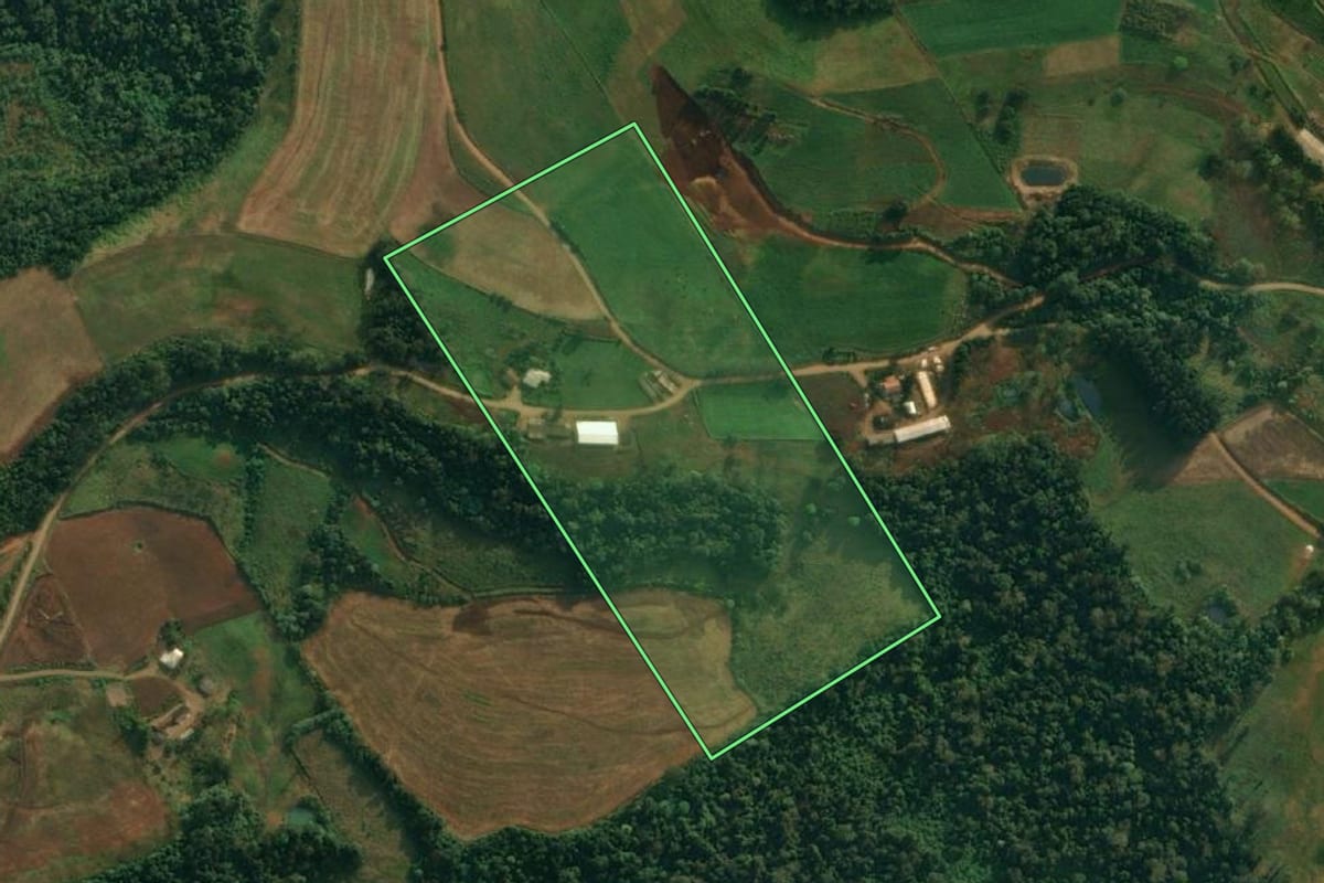 Imagem de satélite do imóvel rural em São João do Oeste (SC), com o contorno declarado no CAR desenhado por cima.