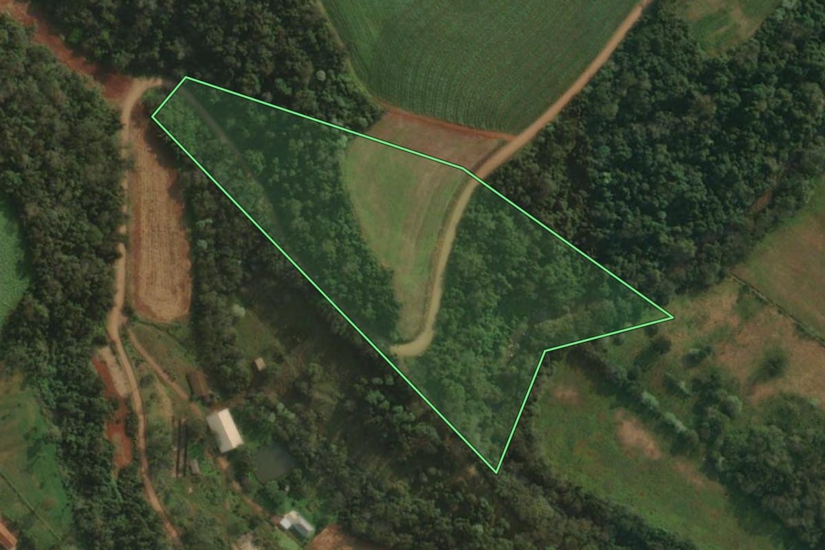 Imagem de satélite do imóvel rural em São João do Oeste (SC), com o contorno declarado no CAR desenhado por cima.