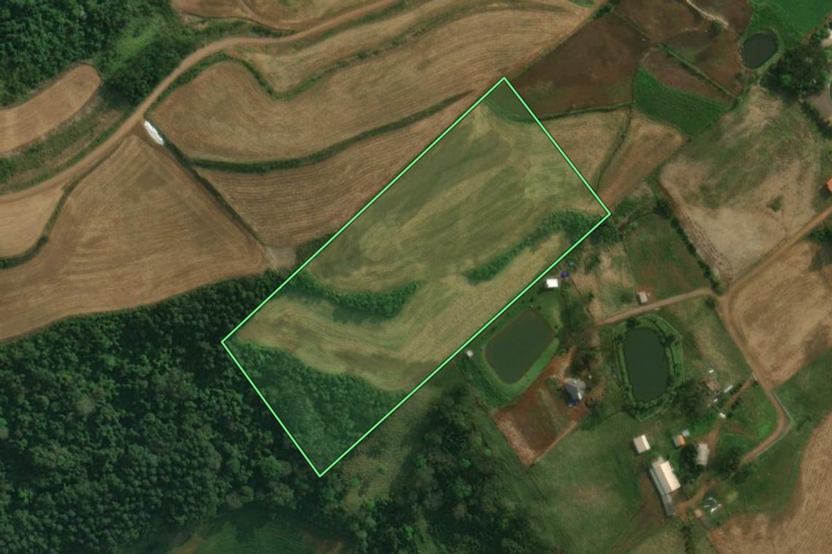 Imagem de satélite do imóvel rural em São João do Oeste (SC), com o contorno declarado no CAR desenhado por cima.