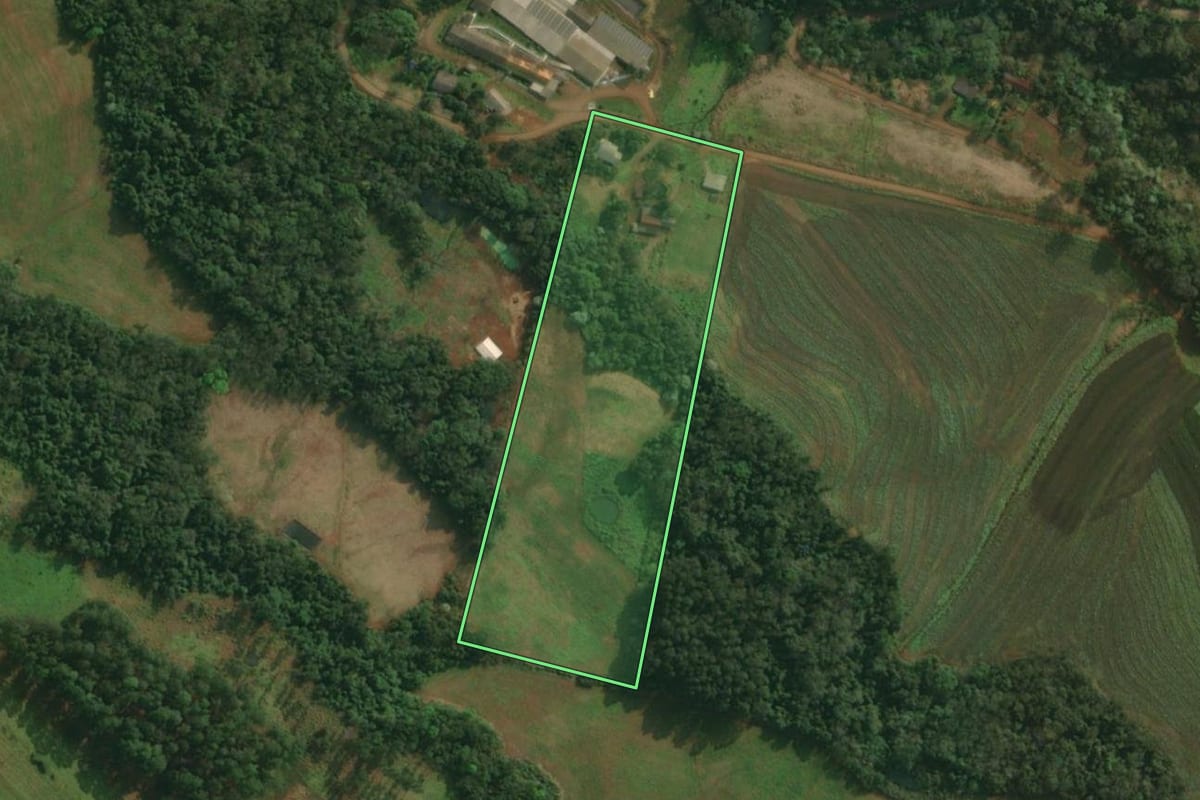 Imagem de satélite do imóvel rural em São João do Oeste (SC), com o contorno declarado no CAR desenhado por cima.