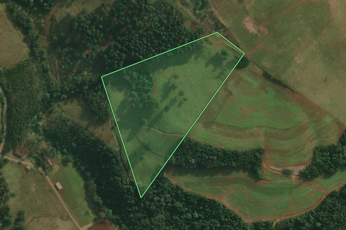Imagem de satélite do imóvel rural em São João do Oeste (SC), com o contorno declarado no CAR desenhado por cima.