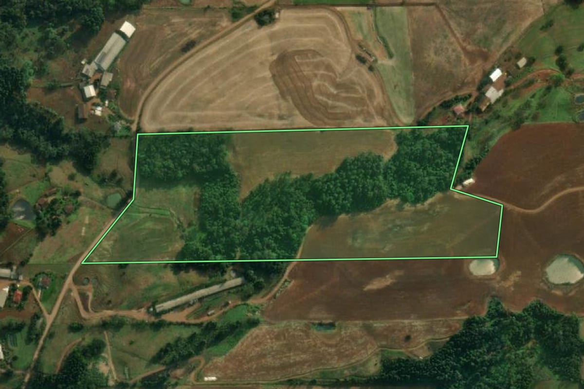 Imagem de satélite do imóvel rural em São João do Oeste (SC), com o contorno declarado no CAR desenhado por cima.