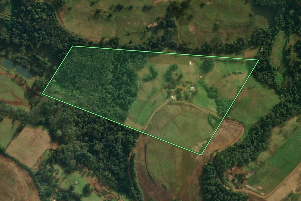 Imagem de satélite do imóvel rural em São João do Oeste (SC), com o contorno declarado no CAR desenhado por cima.