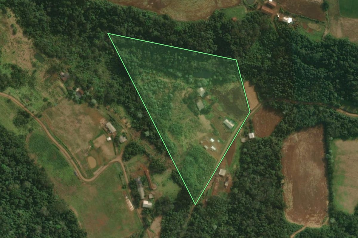 Imagem de satélite do imóvel rural em São João do Oeste (SC), com o contorno declarado no CAR desenhado por cima.