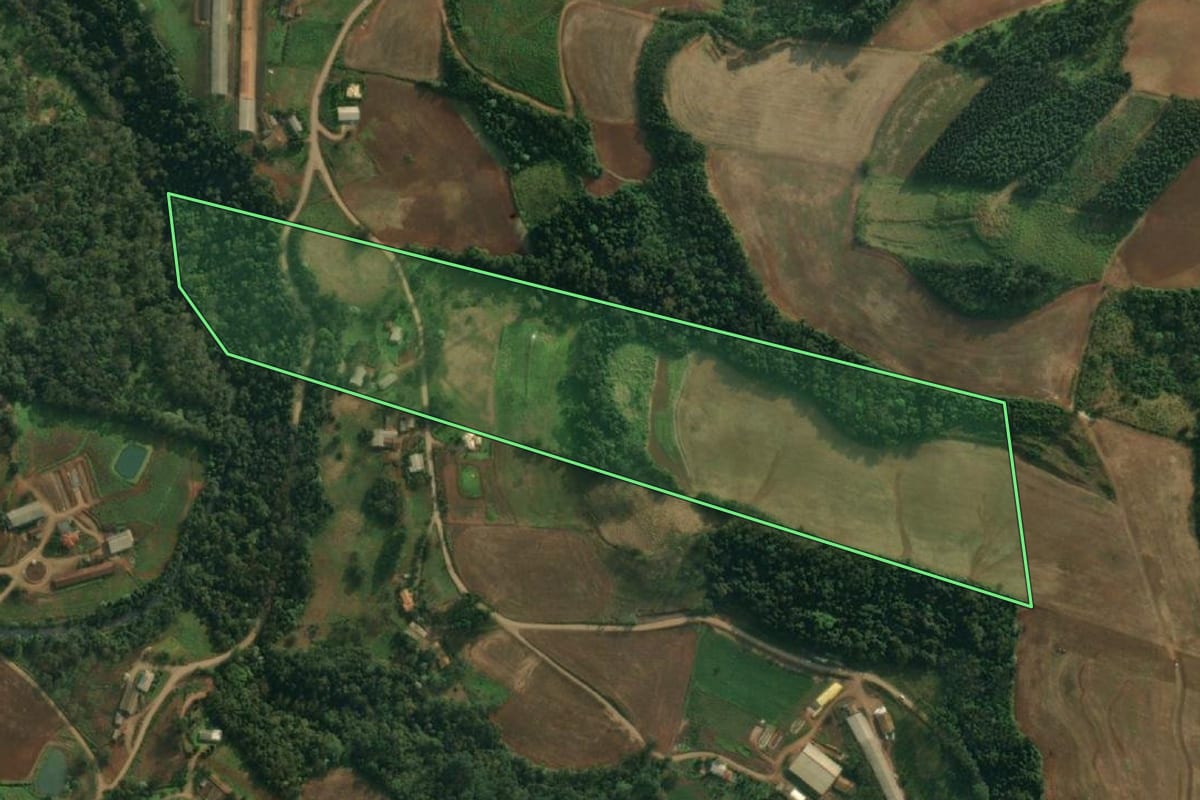 Imagem de satélite do imóvel rural em São João do Oeste (SC), com o contorno declarado no CAR desenhado por cima.