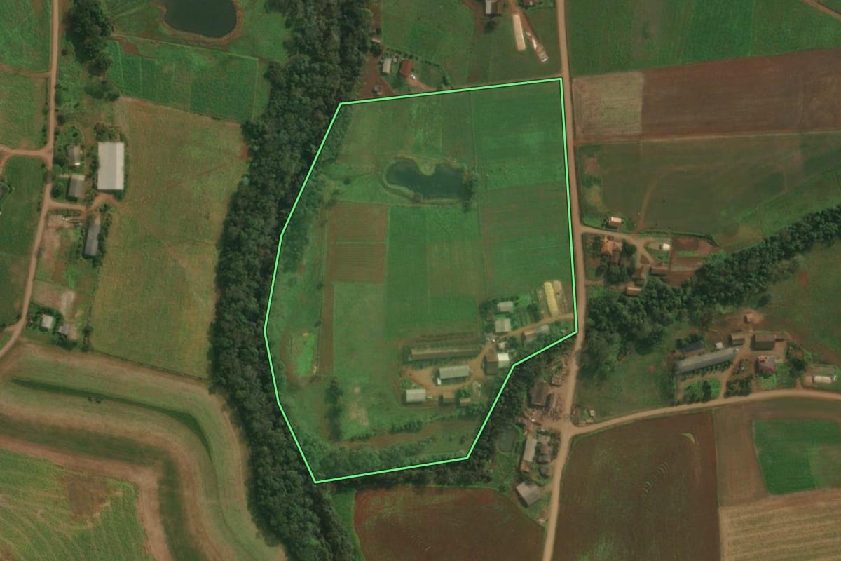 Imagem de satélite do imóvel rural em São João do Oeste (SC), com o contorno declarado no CAR desenhado por cima.