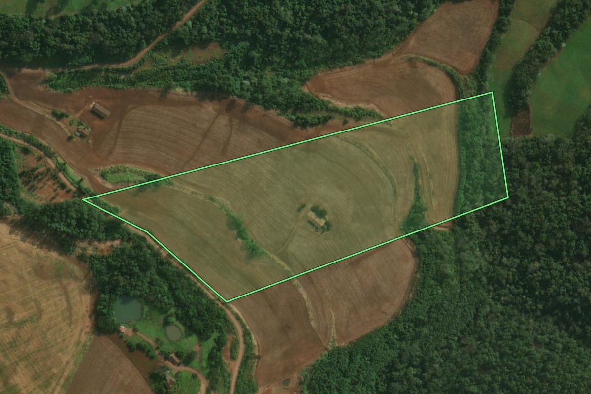 Imagem de satélite do imóvel rural em São João do Oeste (SC), com o contorno declarado no CAR desenhado por cima.