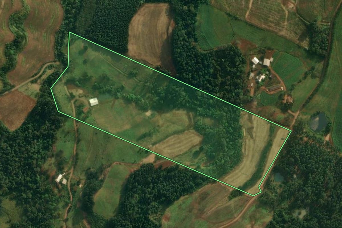 Imagem de satélite do imóvel rural em São João do Oeste (SC), com o contorno declarado no CAR desenhado por cima.