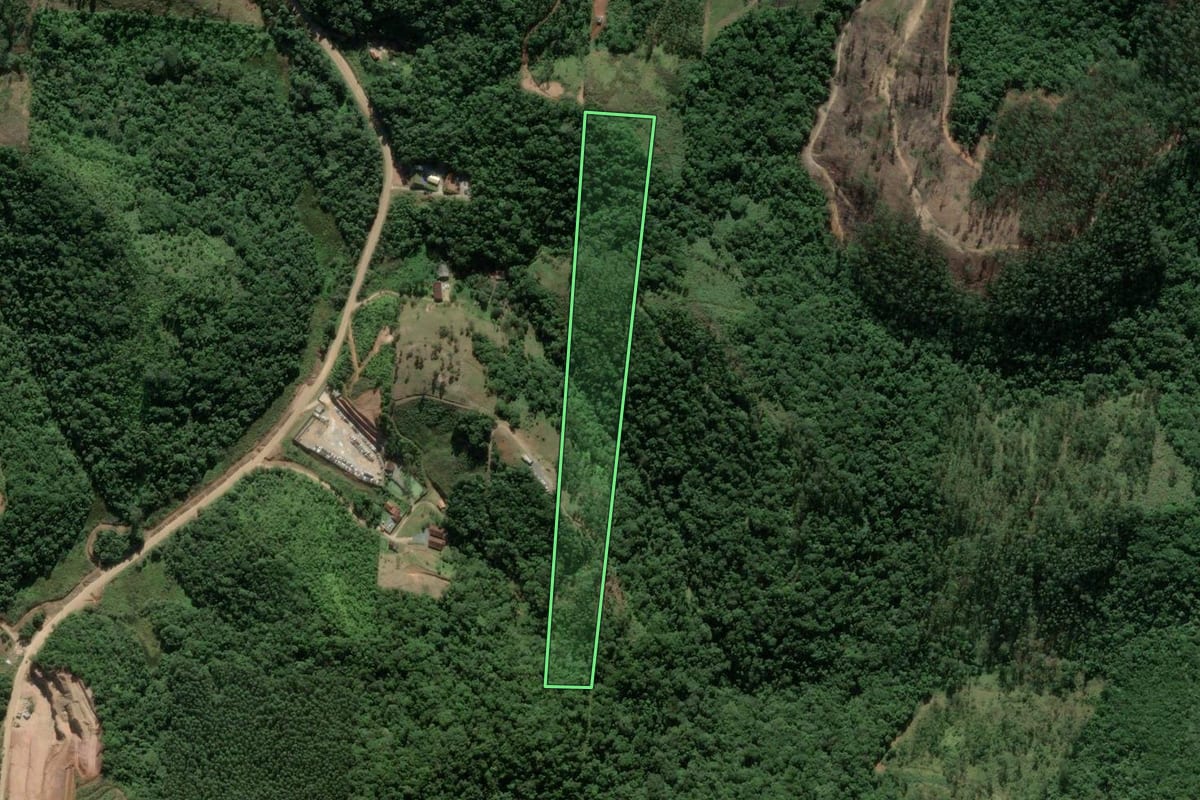 Imagem de satélite do imóvel rural em São João Batista (SC), com o contorno declarado no CAR desenhado por cima.