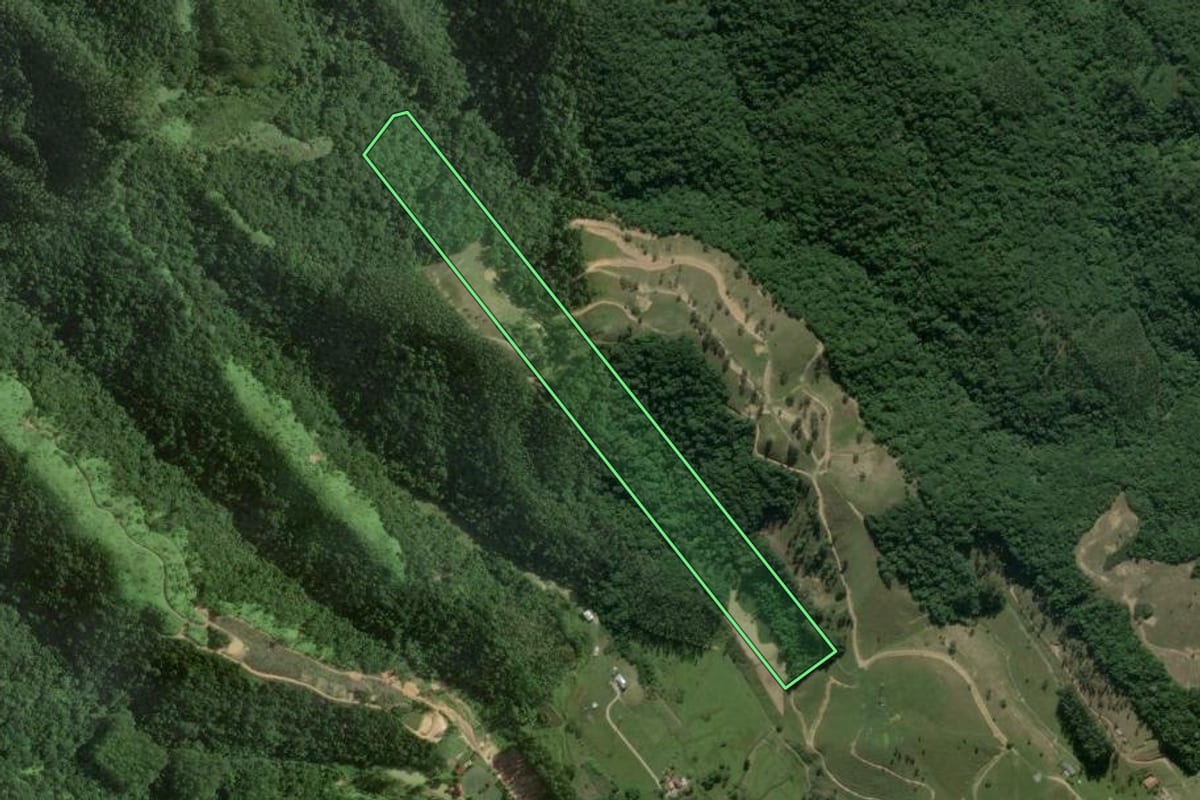 Imagem de satélite do imóvel rural em São João Batista (SC), com o contorno declarado no CAR desenhado por cima.