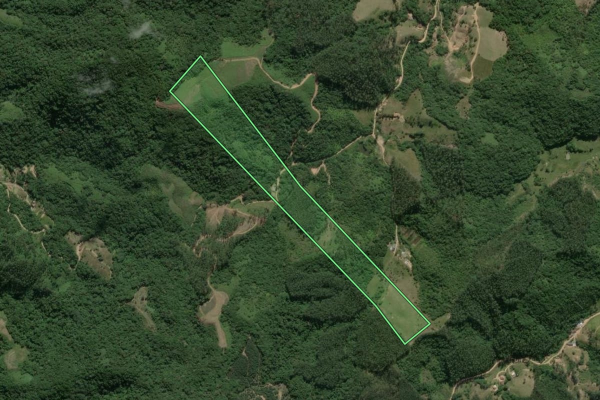 Imagem de satélite do imóvel rural em São João Batista (SC), com o contorno declarado no CAR desenhado por cima.