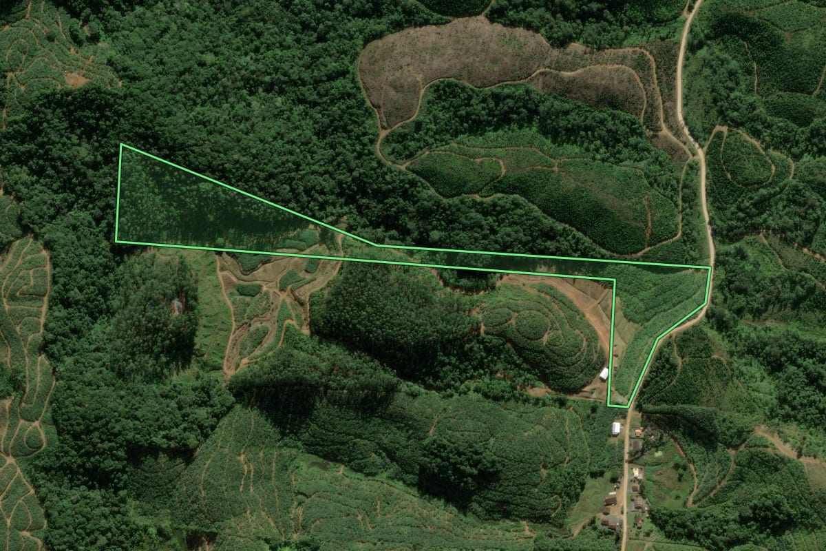 Imagem de satélite do imóvel rural em São João do Itaperiú (SC), com o contorno declarado no CAR desenhado por cima.