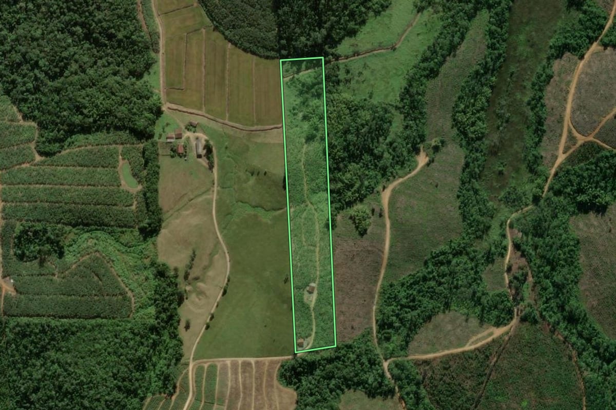 Imagem de satélite do imóvel rural em São João do Itaperiú (SC), com o contorno declarado no CAR desenhado por cima.