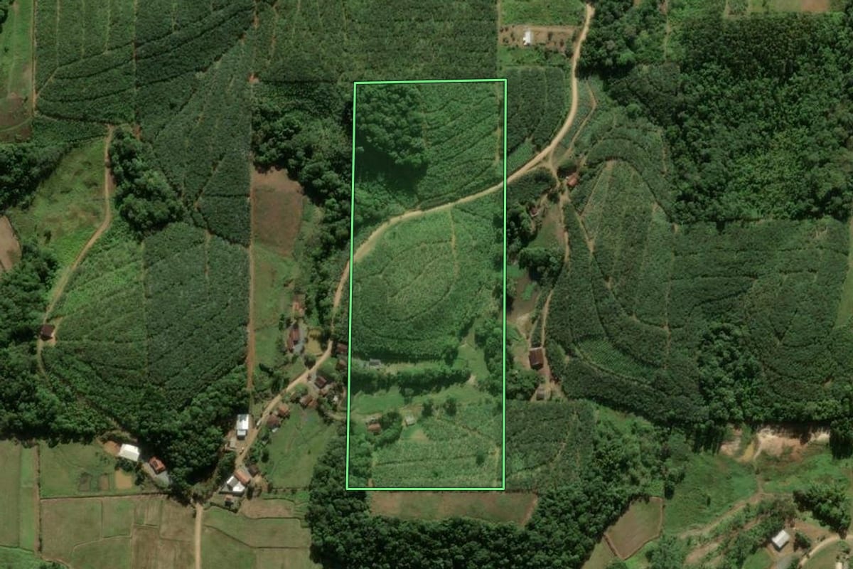 Imagem de satélite do imóvel rural em São João do Itaperiú (SC), com o contorno declarado no CAR desenhado por cima.