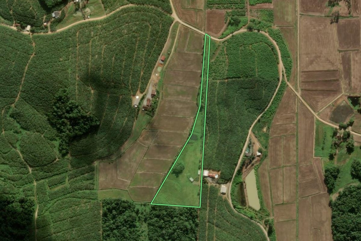Imagem de satélite do imóvel rural em São João do Itaperiú (SC), com o contorno declarado no CAR desenhado por cima.