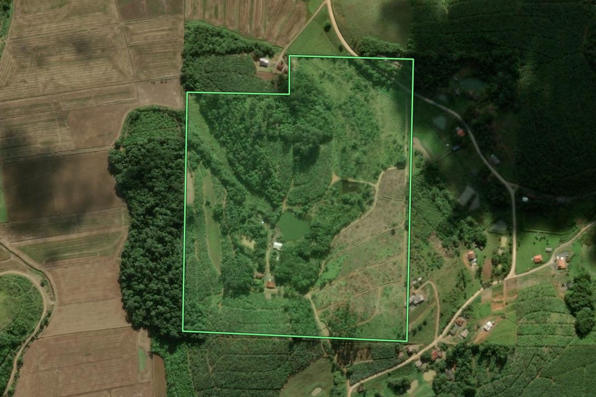 Imagem de satélite do imóvel rural em São João do Itaperiú (SC), com o contorno declarado no CAR desenhado por cima.