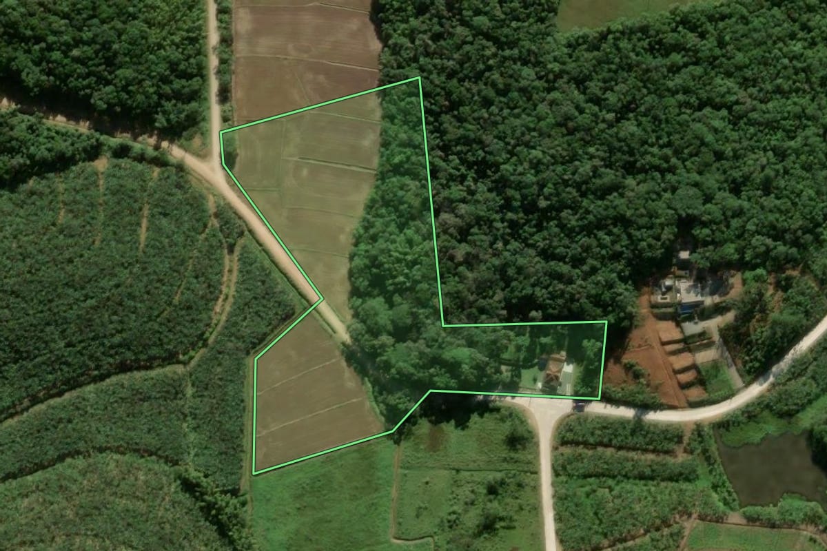 Imagem de satélite do imóvel rural em São João do Itaperiú (SC), com o contorno declarado no CAR desenhado por cima.
