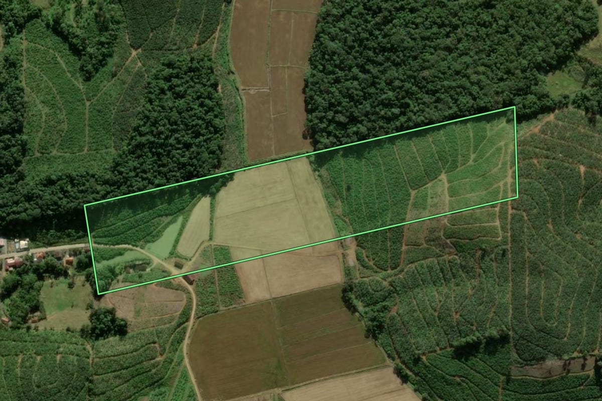 Imagem de satélite do imóvel rural em São João do Itaperiú (SC), com o contorno declarado no CAR desenhado por cima.