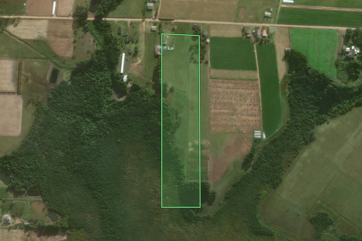 Imagem de satélite do imóvel rural em São João do Sul (SC), com o contorno declarado no CAR desenhado por cima.