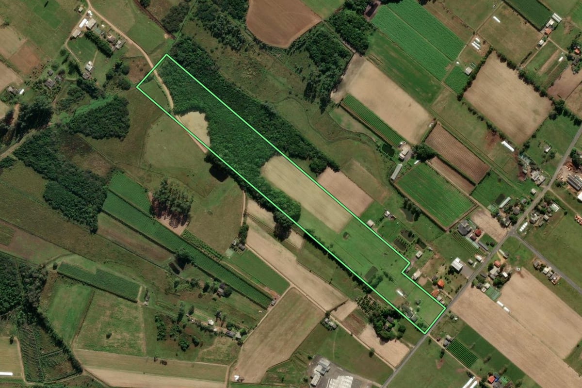 Imagem de satélite do imóvel rural em São João do Sul (SC), com o contorno declarado no CAR desenhado por cima.