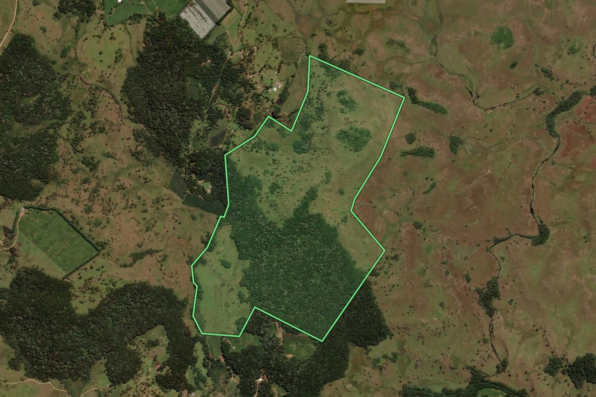 Imagem de satélite do imóvel rural em São Joaquim (SC), com o contorno declarado no CAR desenhado por cima.
