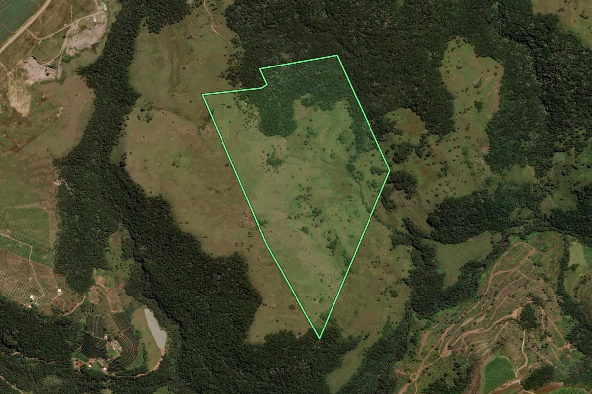 Imagem de satélite do imóvel rural em São Joaquim (SC), com o contorno declarado no CAR desenhado por cima.