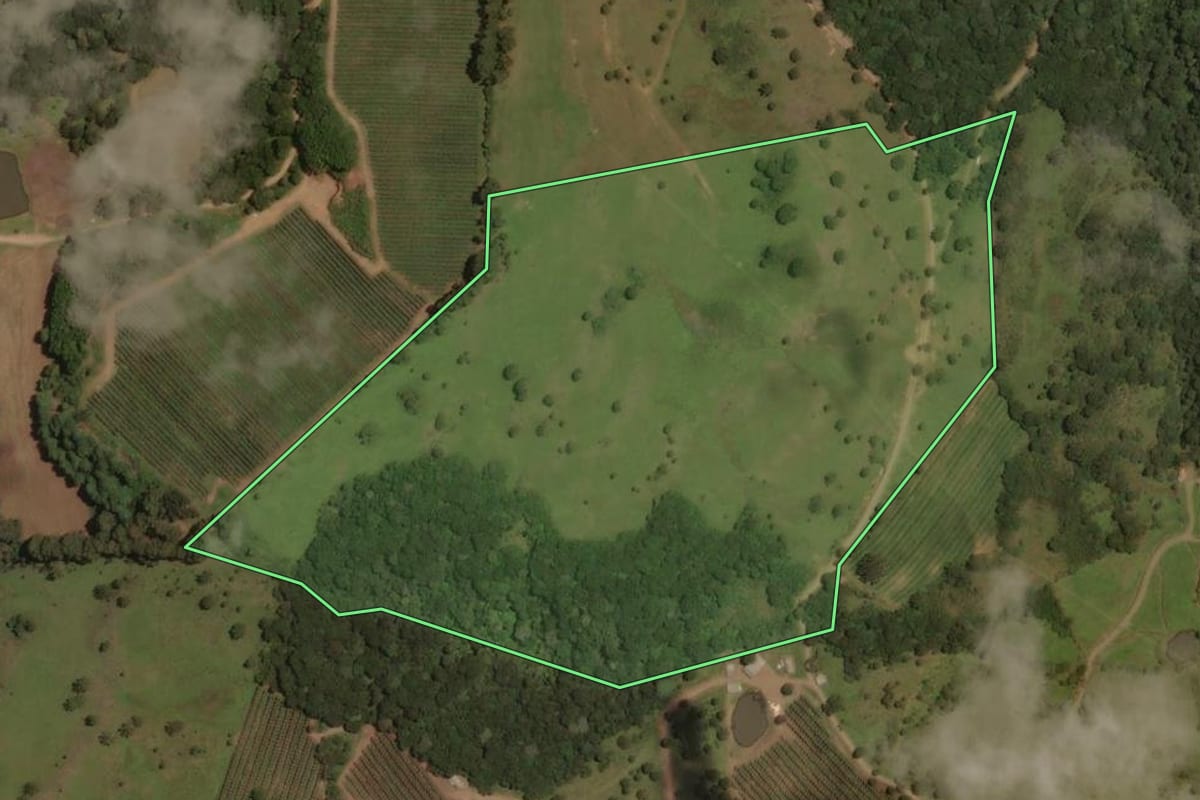 Imagem de satélite do imóvel rural em São Joaquim (SC), com o contorno declarado no CAR desenhado por cima.
