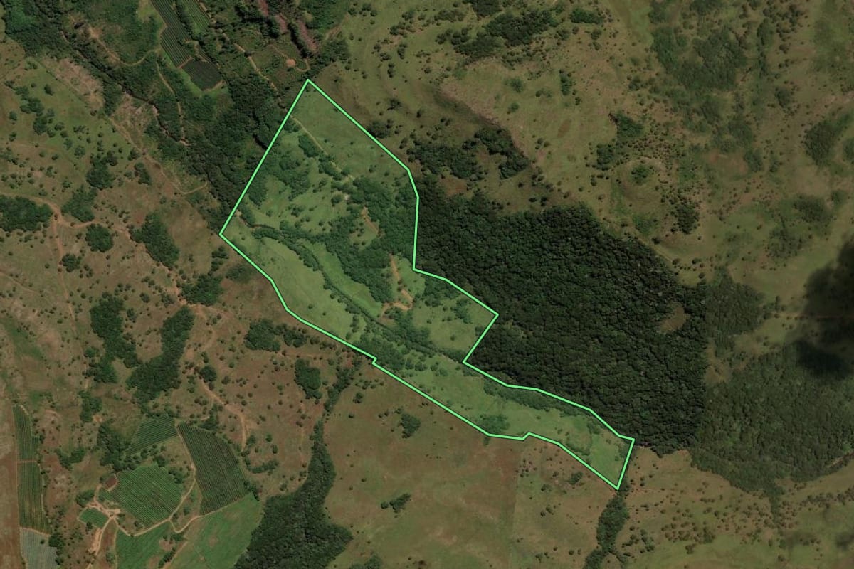 Imagem de satélite do imóvel rural em São Joaquim (SC), com o contorno declarado no CAR desenhado por cima.