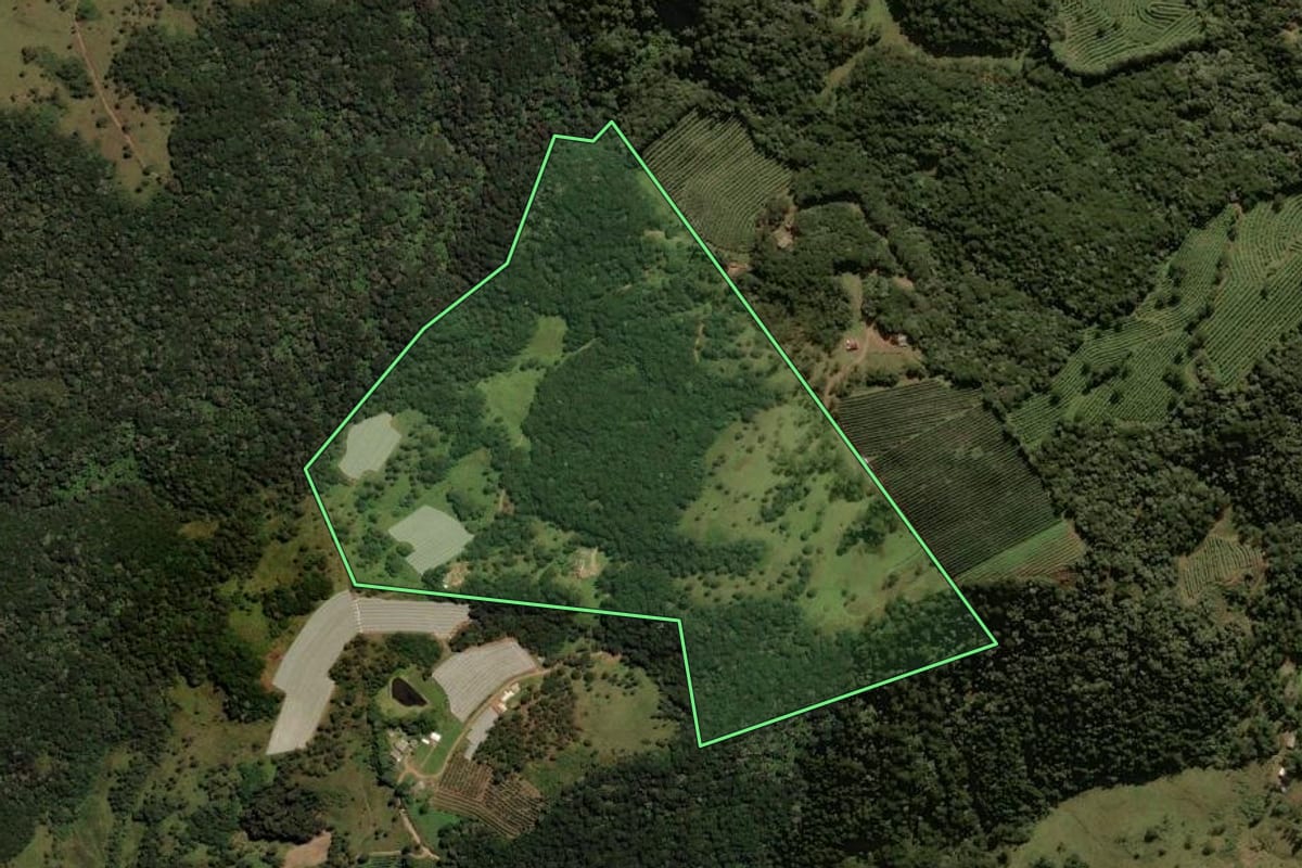 Imagem de satélite do imóvel rural em São Joaquim (SC), com o contorno declarado no CAR desenhado por cima.