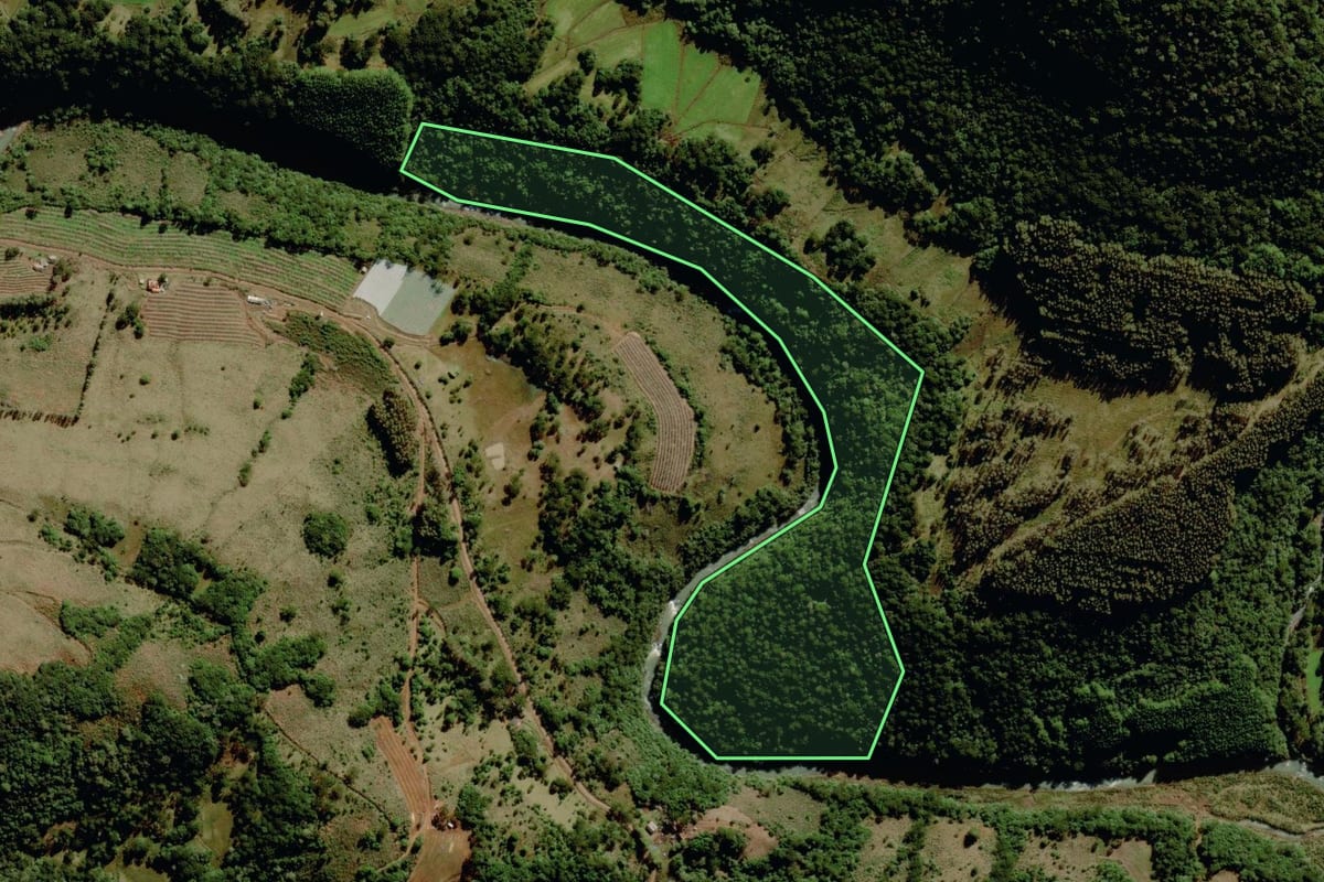 Imagem de satélite do imóvel rural em São Joaquim (SC), com o contorno declarado no CAR desenhado por cima.