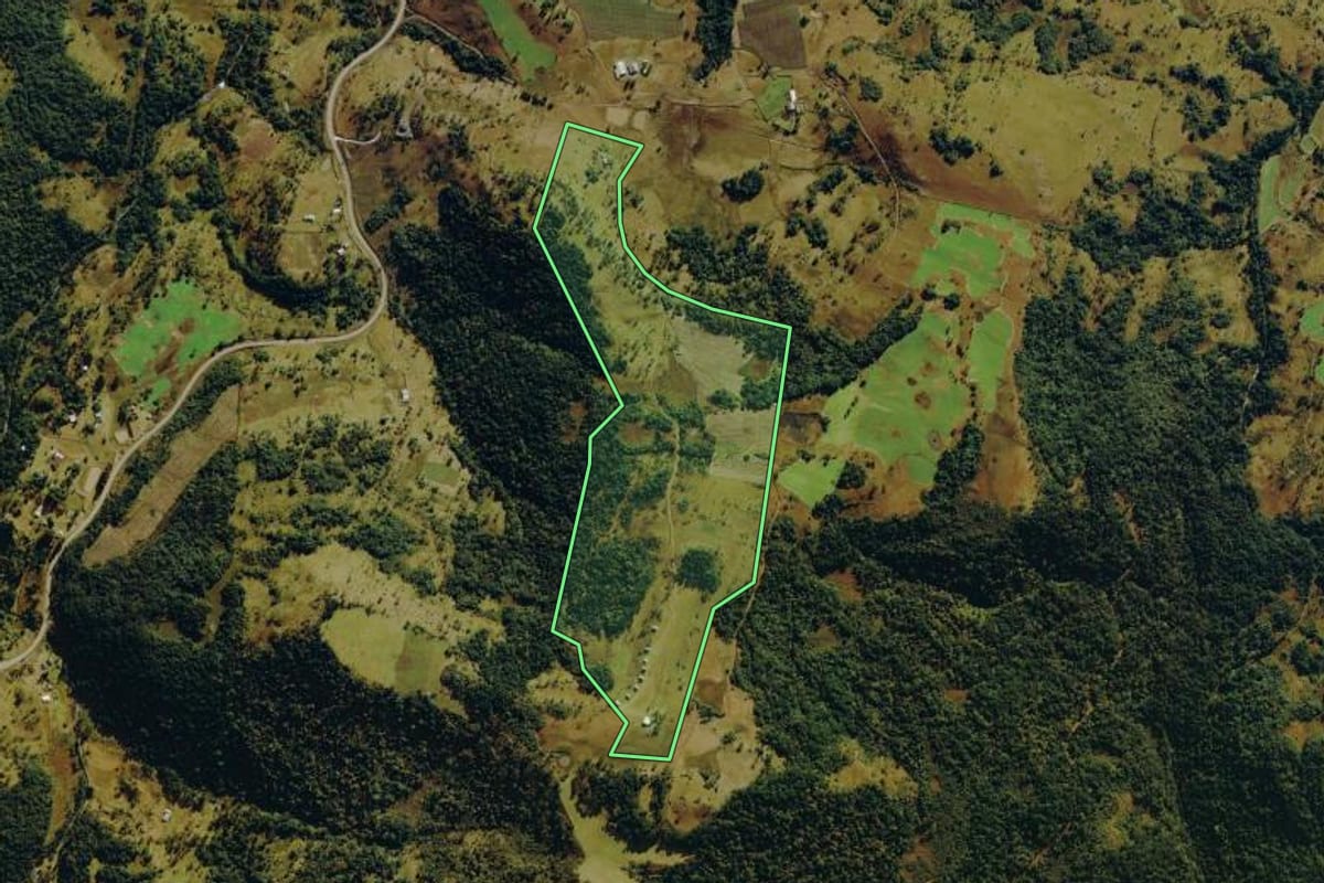 Imagem de satélite do imóvel rural em São Joaquim (SC), com o contorno declarado no CAR desenhado por cima.