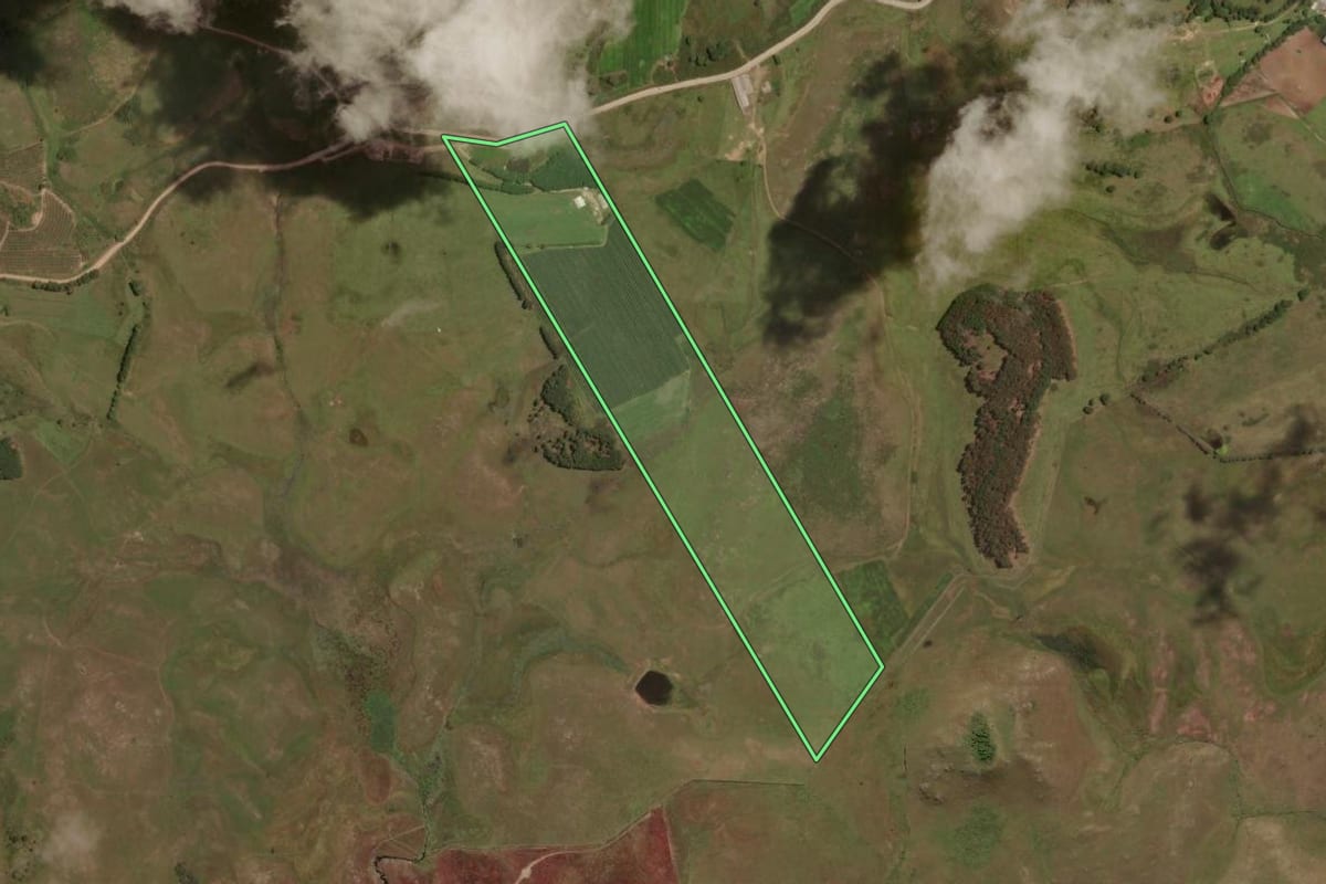 Imagem de satélite do imóvel rural em São Joaquim (SC), com o contorno declarado no CAR desenhado por cima.