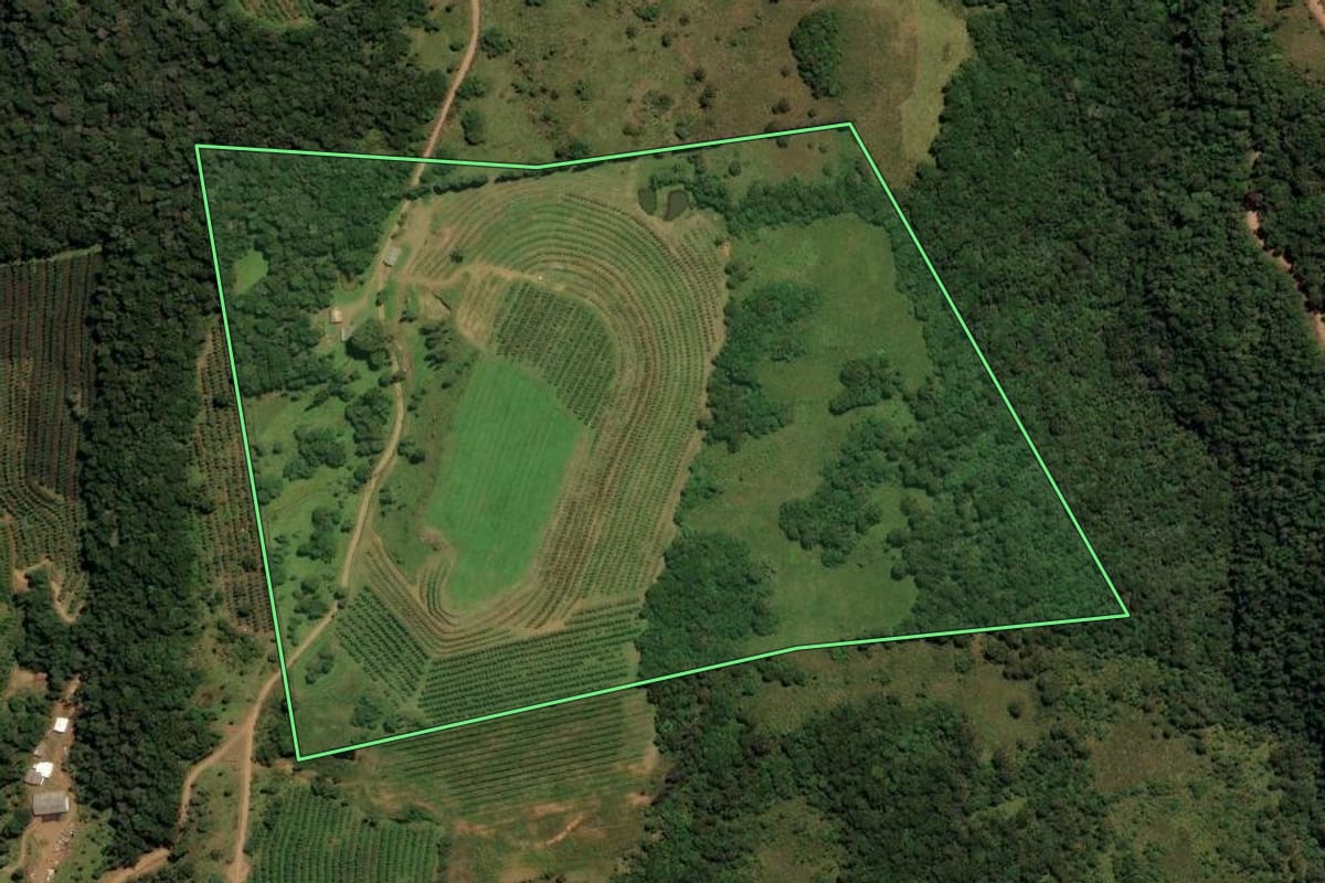 Imagem de satélite do imóvel rural em São Joaquim (SC), com o contorno declarado no CAR desenhado por cima.