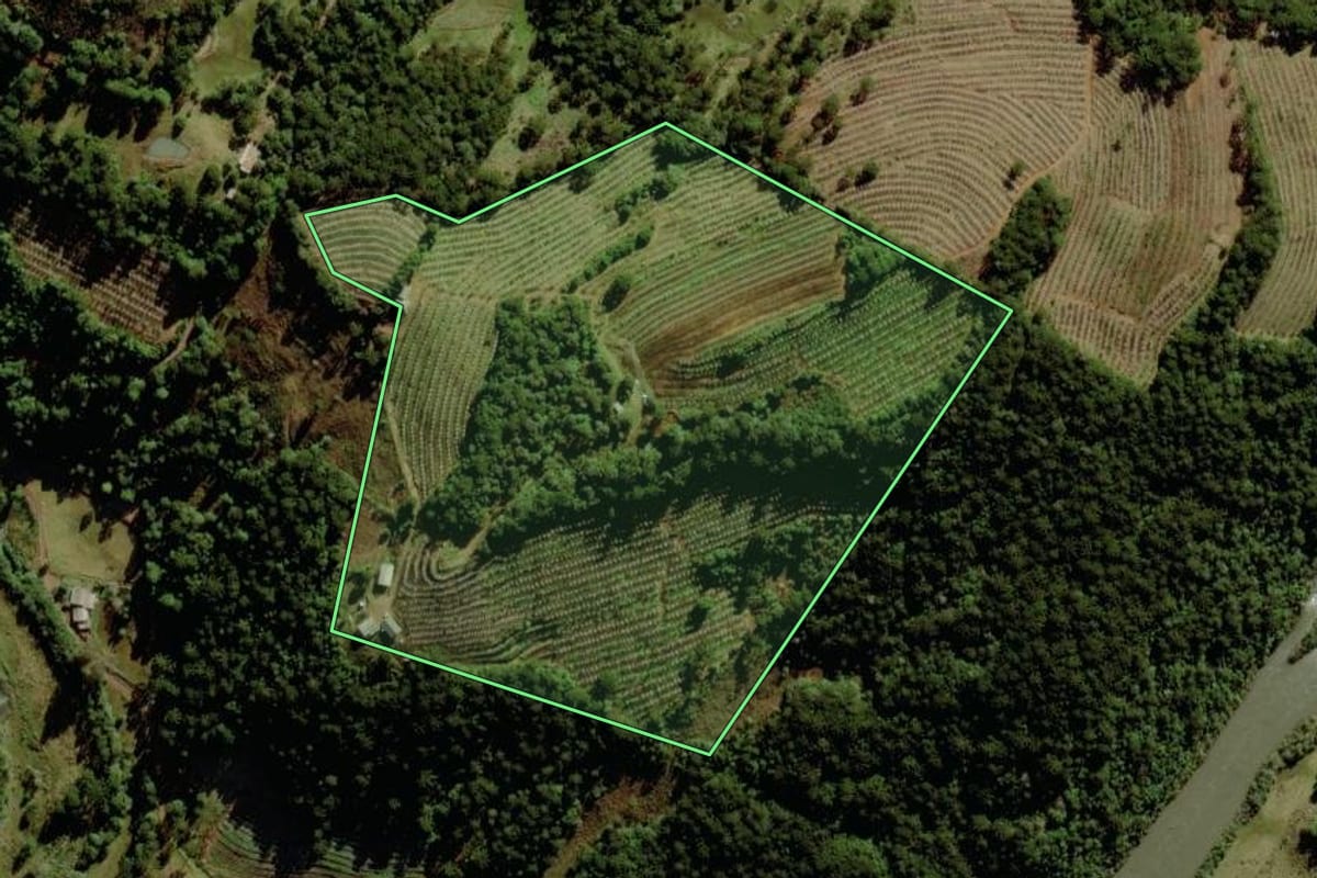 Imagem de satélite do imóvel rural em São Joaquim (SC), com o contorno declarado no CAR desenhado por cima.