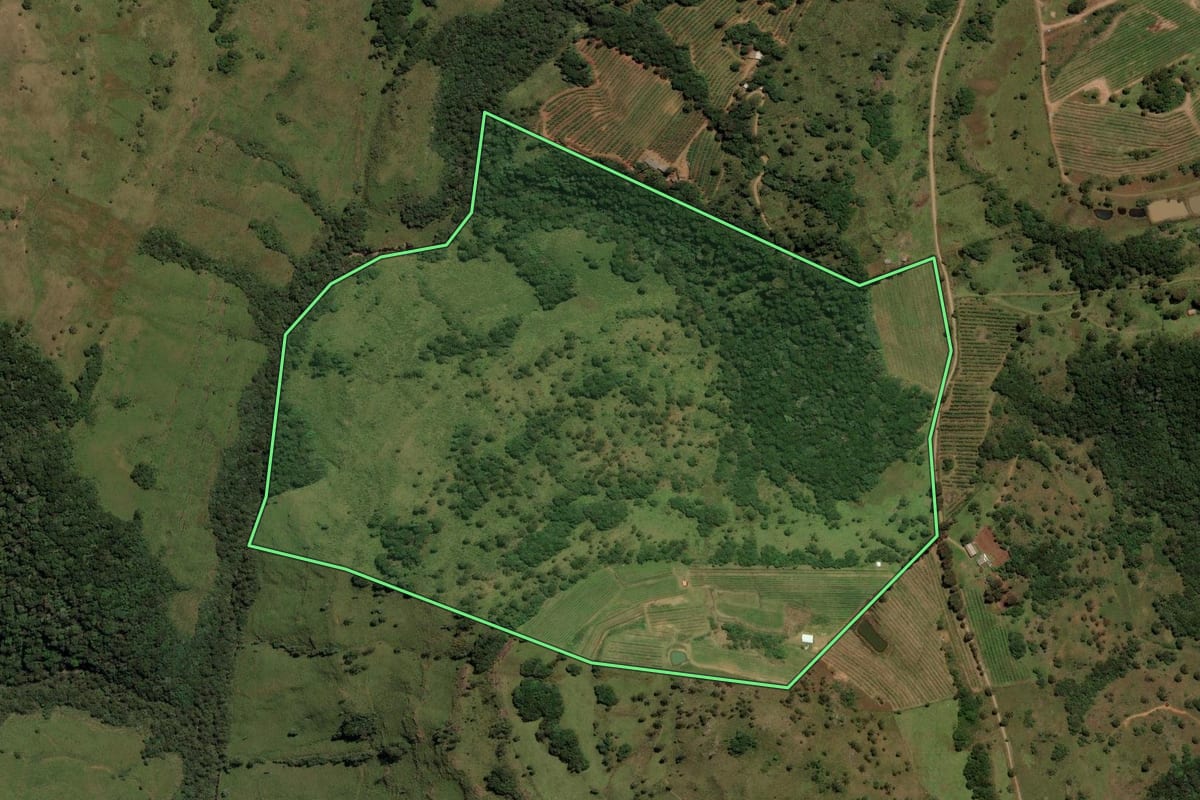 Imagem de satélite do imóvel rural em São Joaquim (SC), com o contorno declarado no CAR desenhado por cima.
