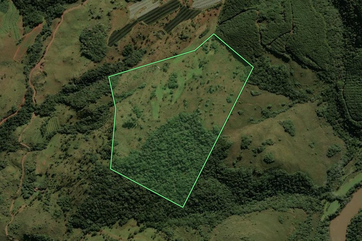 Imagem de satélite do imóvel rural em São Joaquim (SC), com o contorno declarado no CAR desenhado por cima.