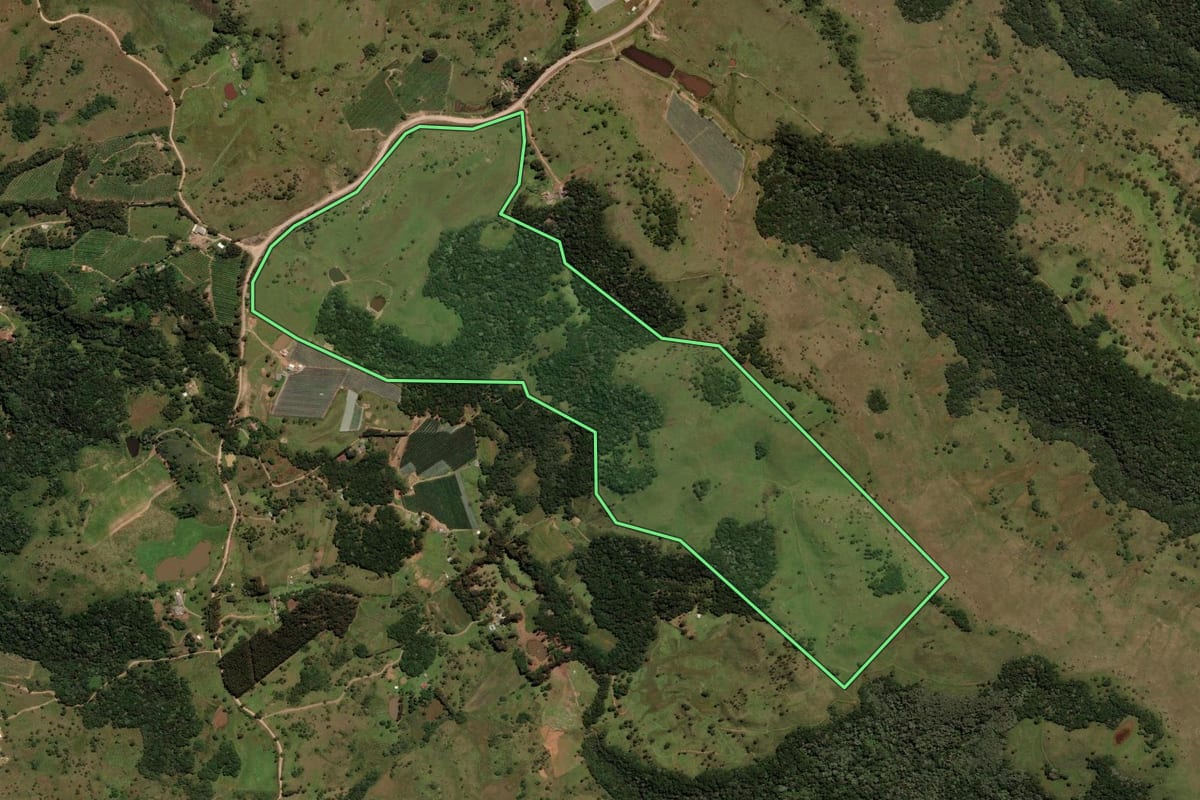 Imagem de satélite do imóvel rural em São Joaquim (SC), com o contorno declarado no CAR desenhado por cima.
