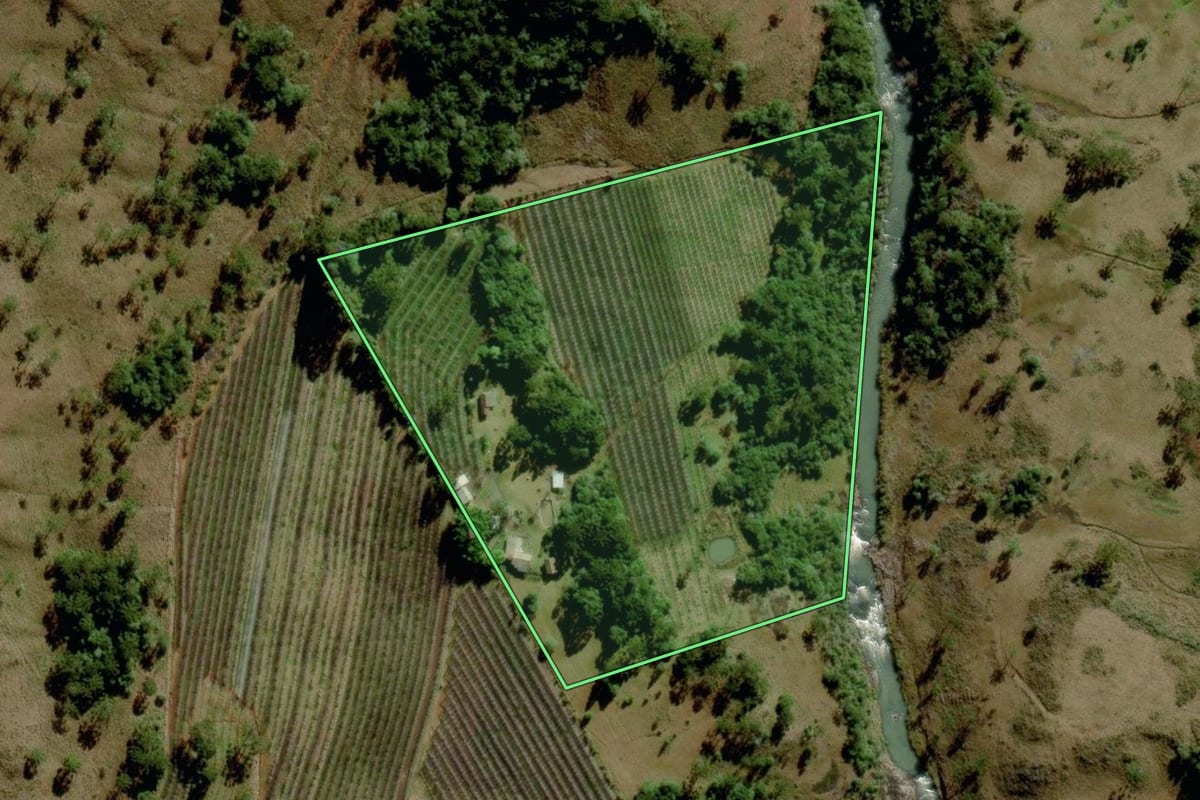 Imagem de satélite do imóvel rural em São Joaquim (SC), com o contorno declarado no CAR desenhado por cima.