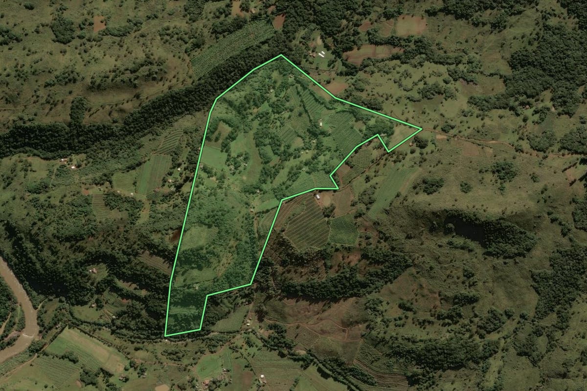 Imagem de satélite do imóvel rural em São Joaquim (SC), com o contorno declarado no CAR desenhado por cima.