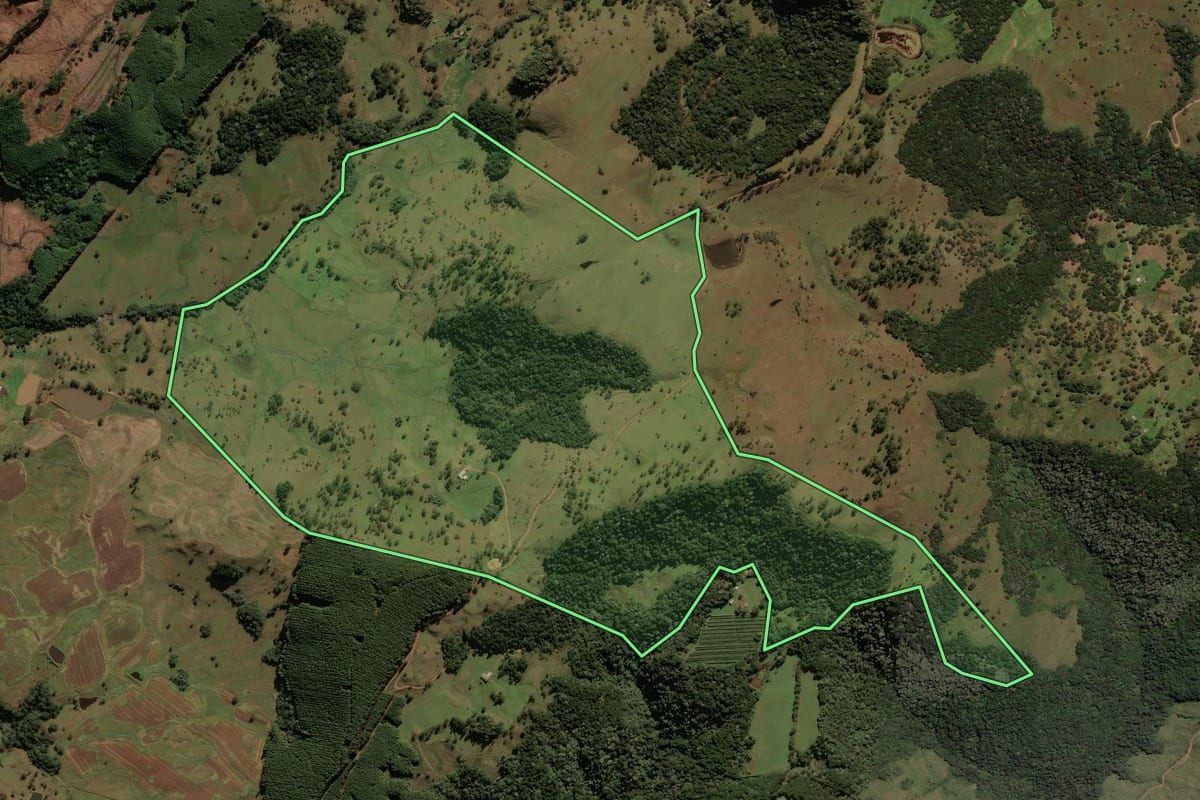 Imagem de satélite do imóvel rural em São Joaquim (SC), com o contorno declarado no CAR desenhado por cima.