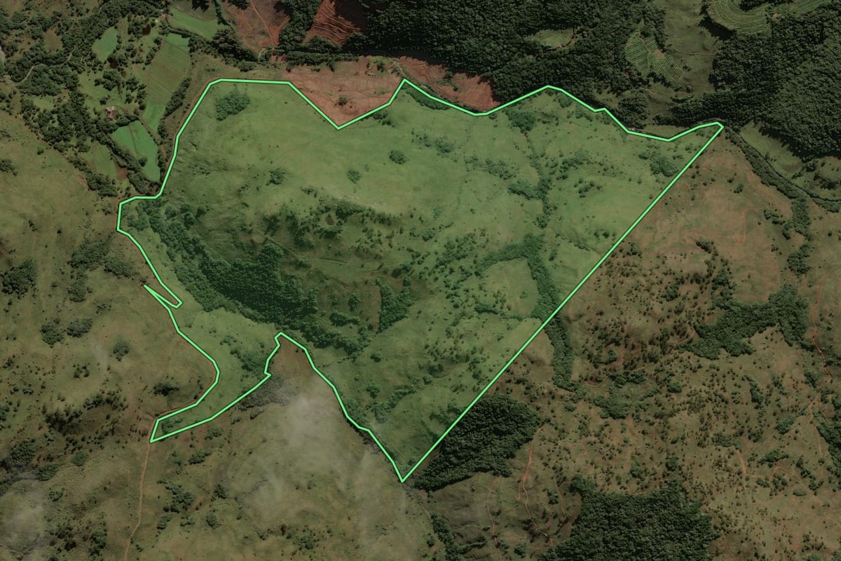 Imagem de satélite do imóvel rural em São Joaquim (SC), com o contorno declarado no CAR desenhado por cima.