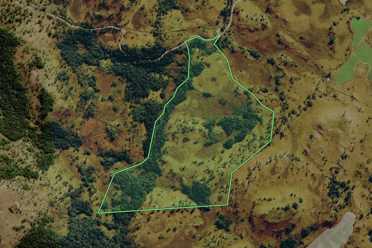 Imagem de satélite do imóvel rural em São Joaquim (SC), com o contorno declarado no CAR desenhado por cima.