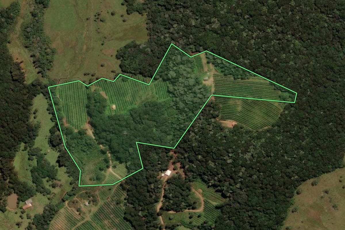 Imagem de satélite do imóvel rural em São Joaquim (SC), com o contorno declarado no CAR desenhado por cima.